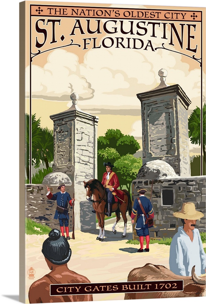 Retro stylized art poster of an officer on horseback standing between two massive stone pillars at the city gates.