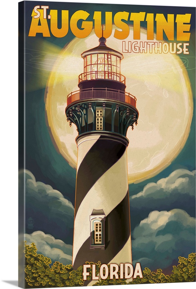 St. Augustine, Florida - Lighthouse and Moon: Retro Travel Poster