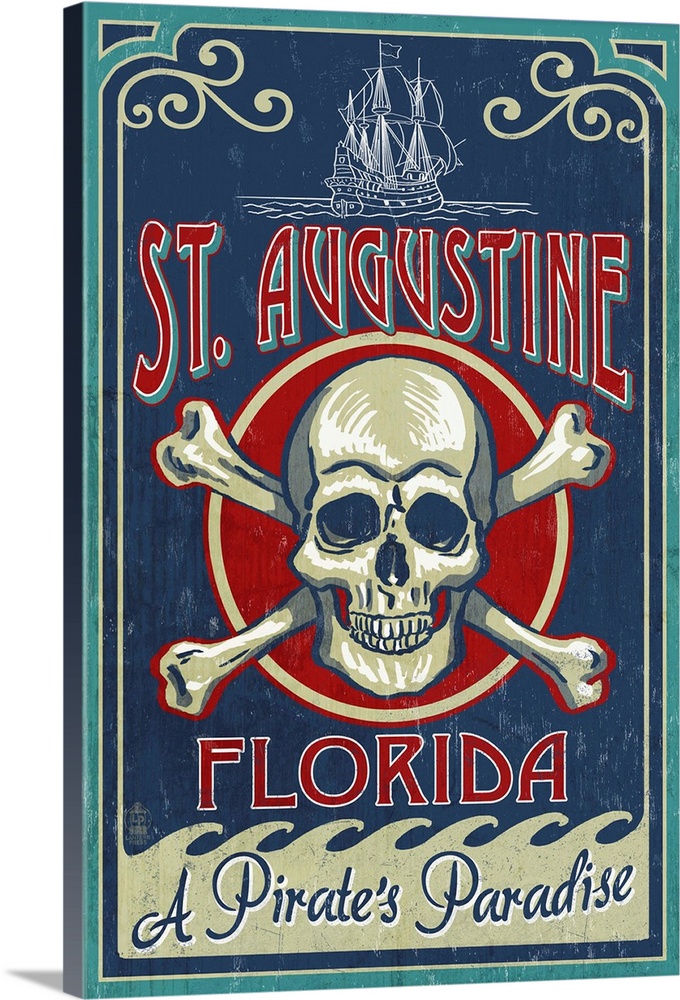 St Augustine, Florida - Skull and Crossbones: Retro Travel Poster