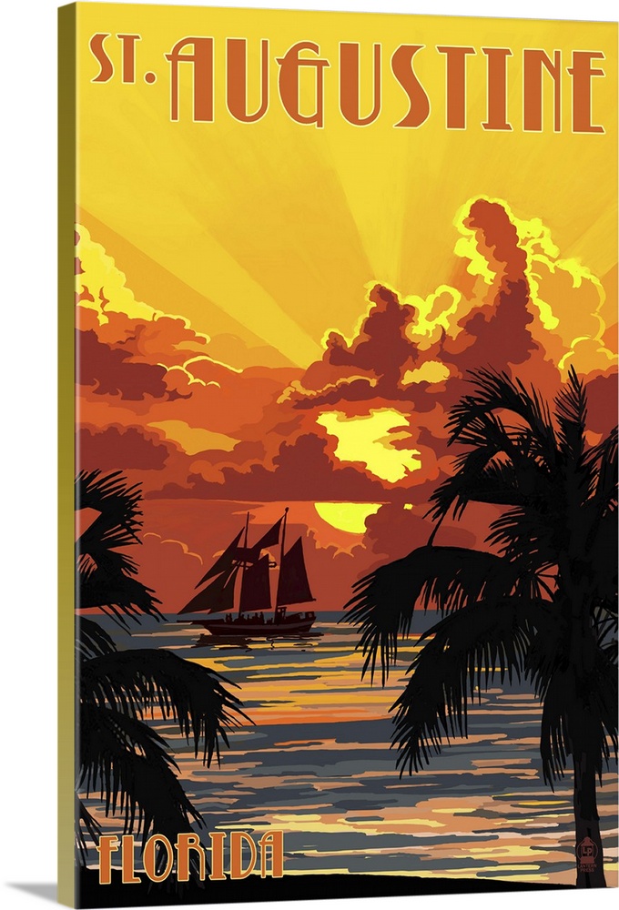St. Augustine, Florida - Sunset and Ship: Retro Travel Poster