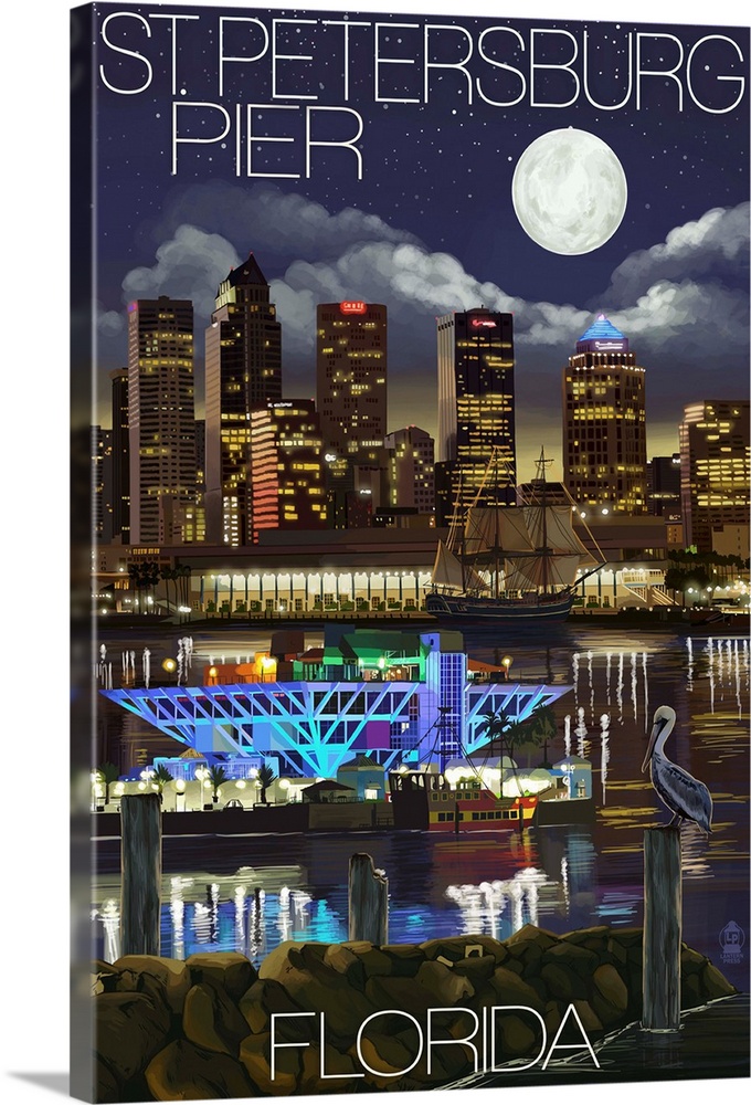 Retro stylized art poster of a city skyline at night.