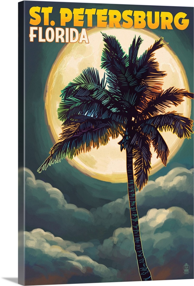 St. Petersburg, Florida - Palms and Moon: Retro Travel Poster