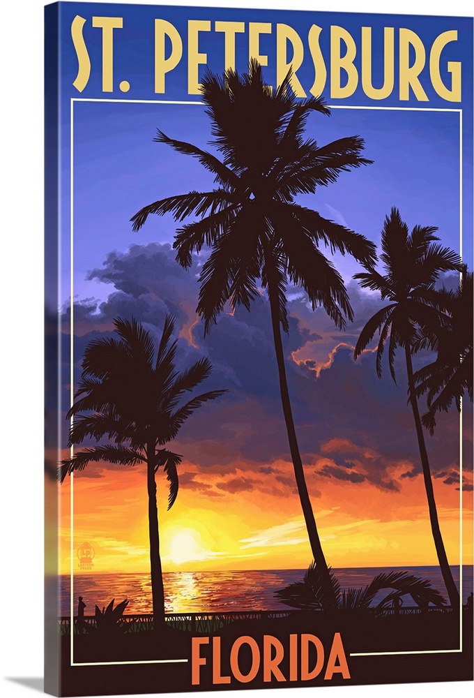 St. Petersburg, Florida - Palms and Sunset: Retro Travel Poster