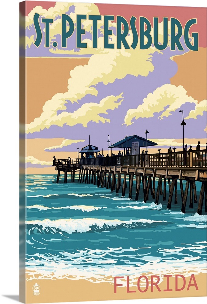 St Petersburg, Florida Pier and Sunset Retro Travel Poster Wall Art, Canvas Prints, Framed