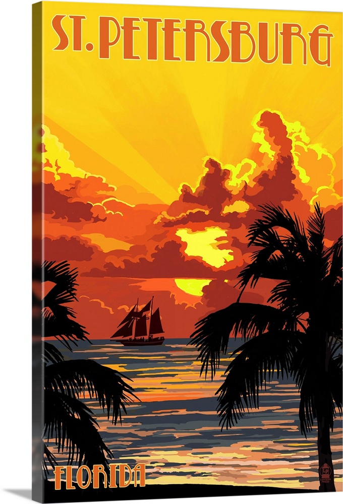 St. Petersburg, Florida - Sunset and Ship: Retro Travel Poster