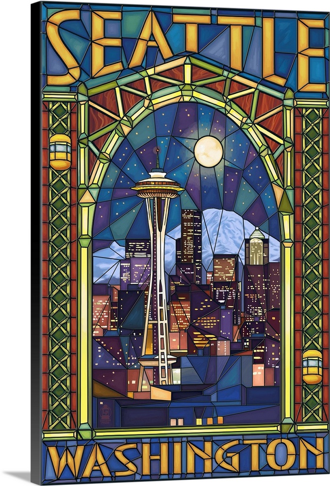 Retro stylized art poster of a city skyline in an arched window stained glass style.
