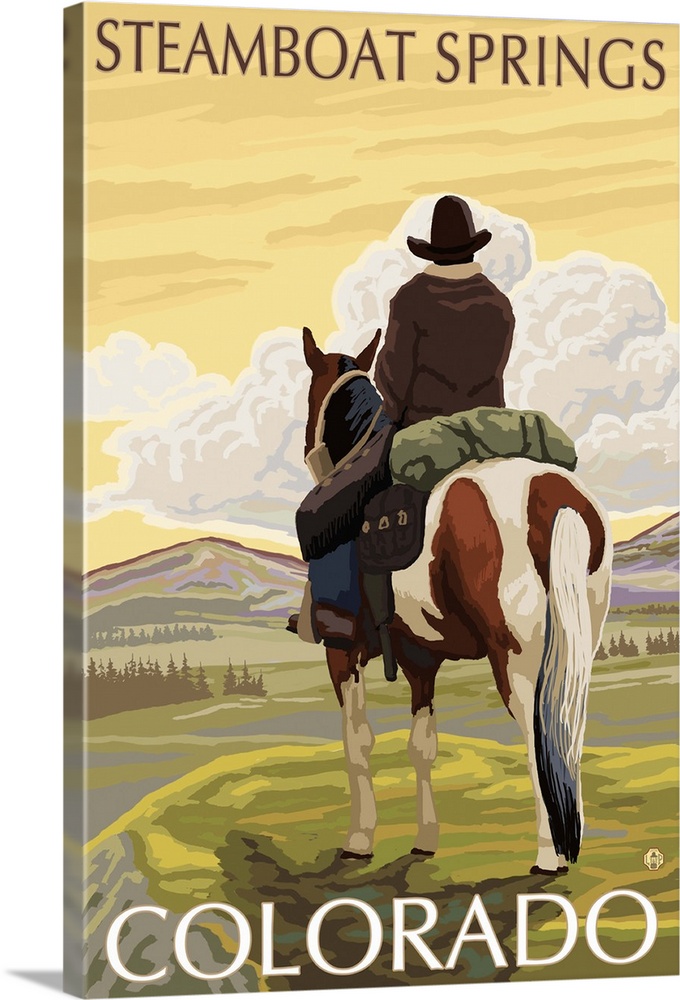 Steamboat Springs, Colorado - Cowboy on Horseback: Retro Travel Poster