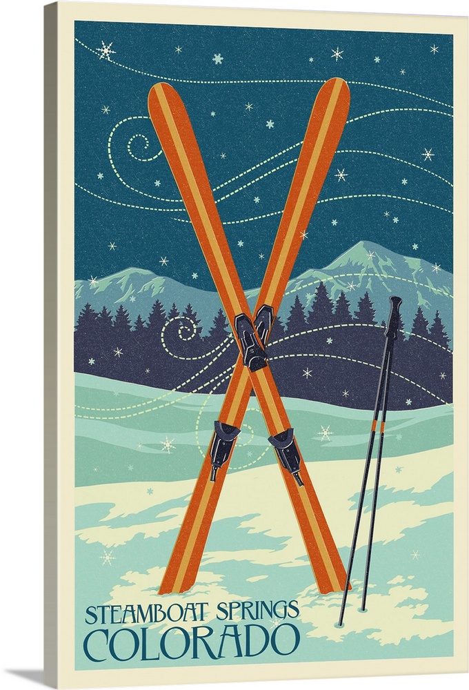 Steamboat Springs, Colorado - Crossed Skis - Letterpress: Retro Travel Poster