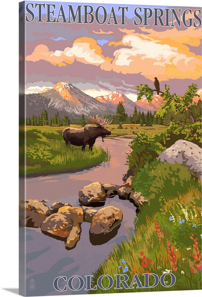 Steamboat Springs, Colorado - Moose and Meadow Scene: Retro Travel Poster