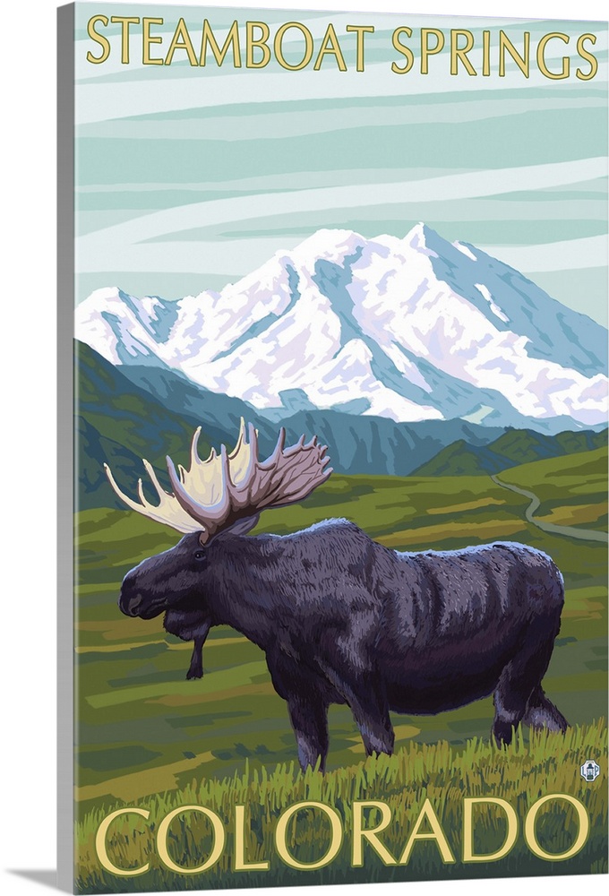 Steamboat Springs, Colorado - Moose and Mountain: Retro Travel Poster