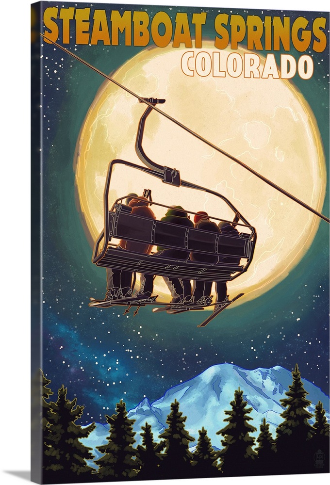Steamboat Springs, Colorado - Ski Lift and Full Moon: Retro Travel Poster