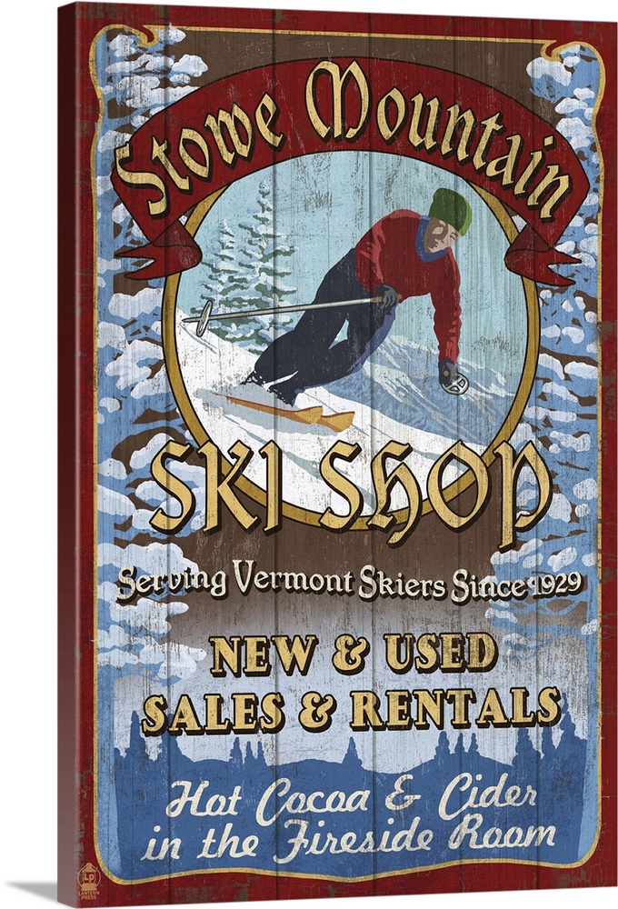Retro stylized art poster of a vintage ski shop sign, with a skier going down a hill.