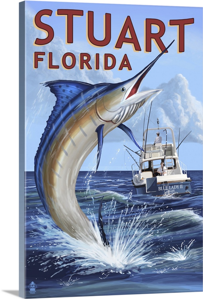 Stuart, Florida - Marlin Fishing Scene: Retro Travel Poster | Large Solid-Faced Canvas Wall Art Print | Great Big Canvas