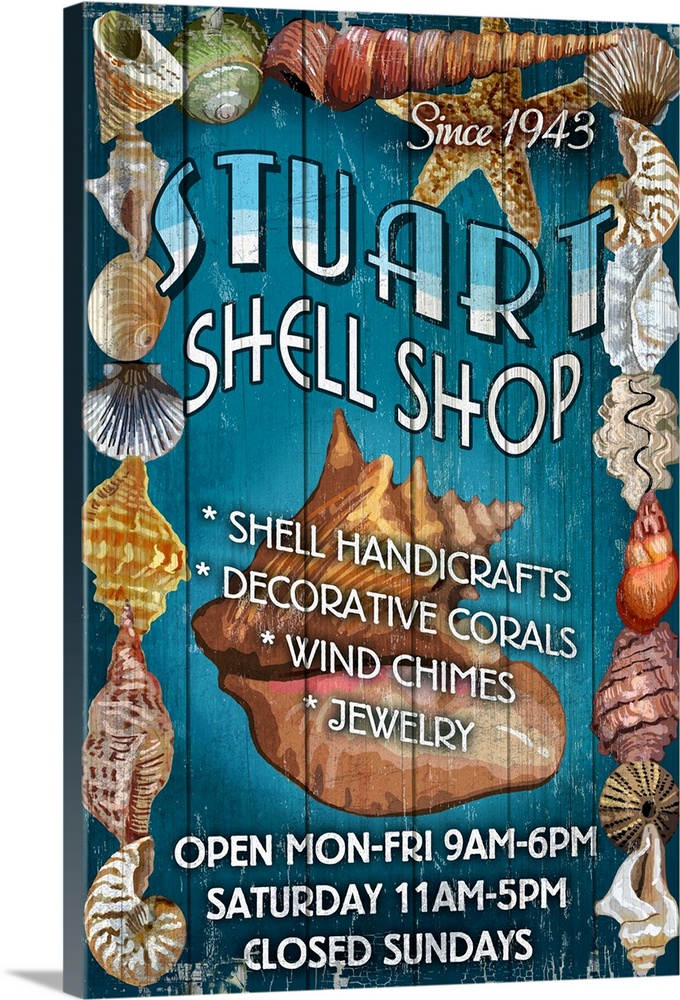 Retro stylized art poster of a vintage sign with seashell on it.