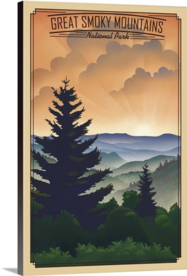 Sun Rising Over Great Smoky Mountains National Park: Retro Travel Poster