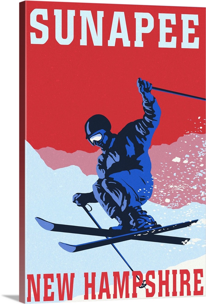 Sunapee, New Hampshire - Colorblocked Skier: Retro Travel Poster