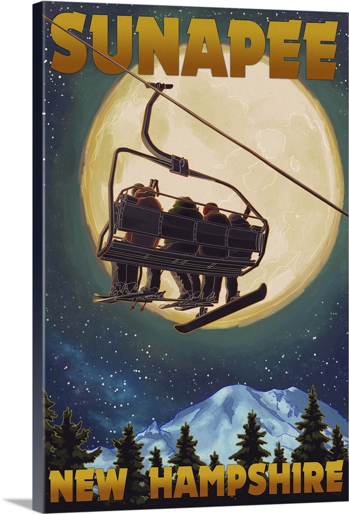 Sunapee, New Hampshire - Ski Lift and Full Moon: Retro Travel Poster