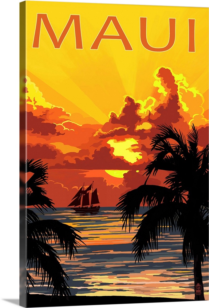 Sunset and Ship - Maui, Hawaii: Retro Travel Poster