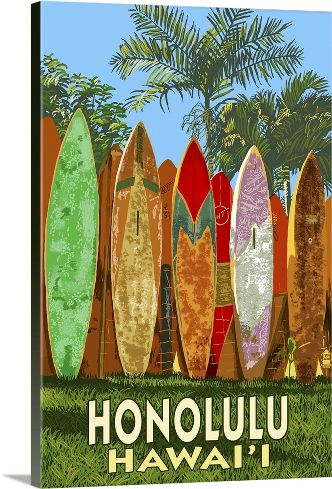 Surf Board Fence - Honolulu, Hawaii: Retro Travel Poster