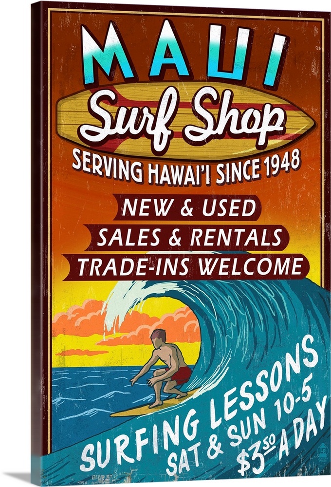Surf Shop Vintage Sign - Maui, Hawaii: Retro Travel Poster
