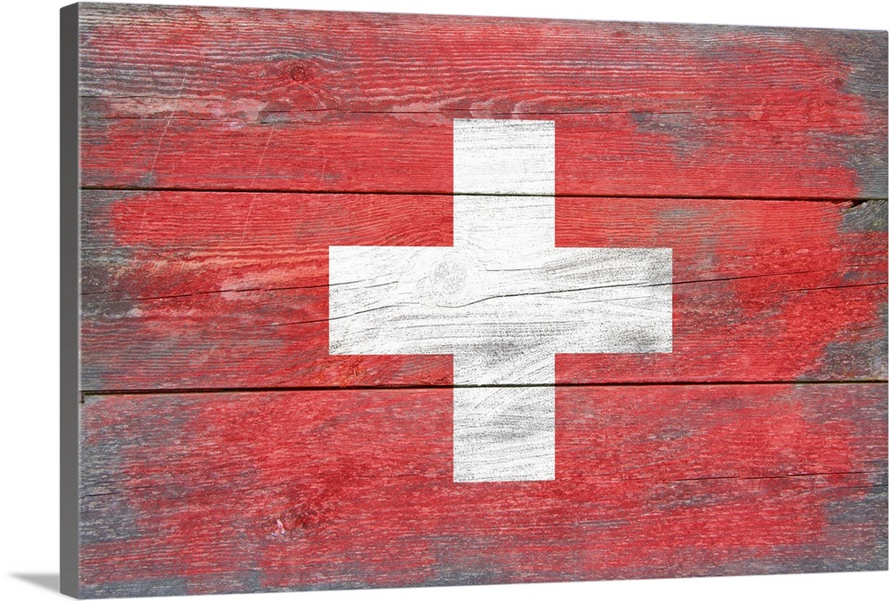 The flag of Switzerland with a weathered wooden board effect.