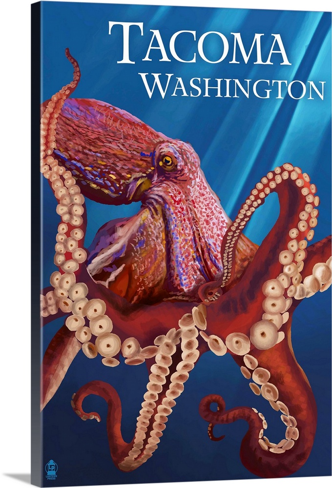 Tacoma, Washington - Red Octopus: Retro Travel Poster