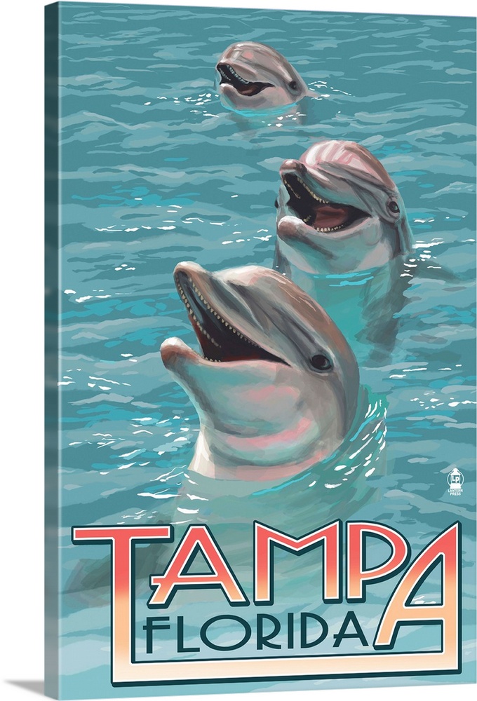 Retro stylized art poster of three dolphins with their heads sticking out of the water.