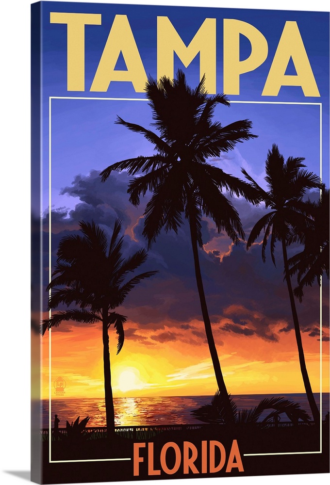 Tampa, Florida - Palms and Sunset: Retro Travel Poster