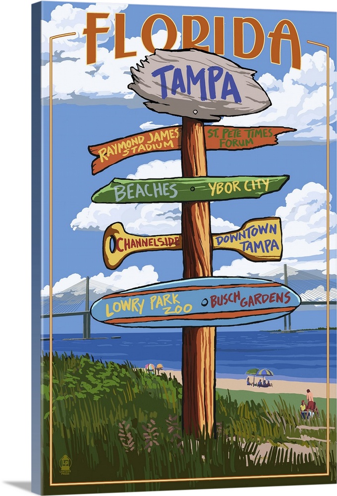 Retro stylized art poster of signpost giving different directions.