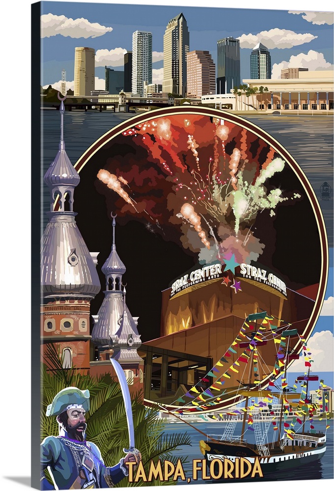 Retro stylized art poster of a montage of scenes from the city of Tampa in Florida.