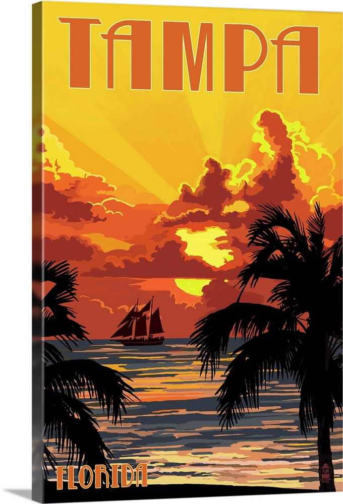 Tampa, Florida - Sunset and Ship: Retro Travel Poster