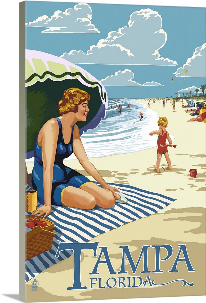 Tampa, Florida - Woman on the Beach: Retro Travel Poster