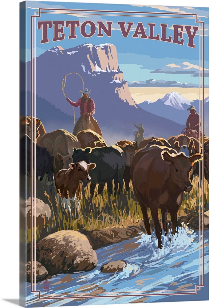 Teton Valley, Idaho - Cowboy Cattle Drive Scene: Retro Travel Poster