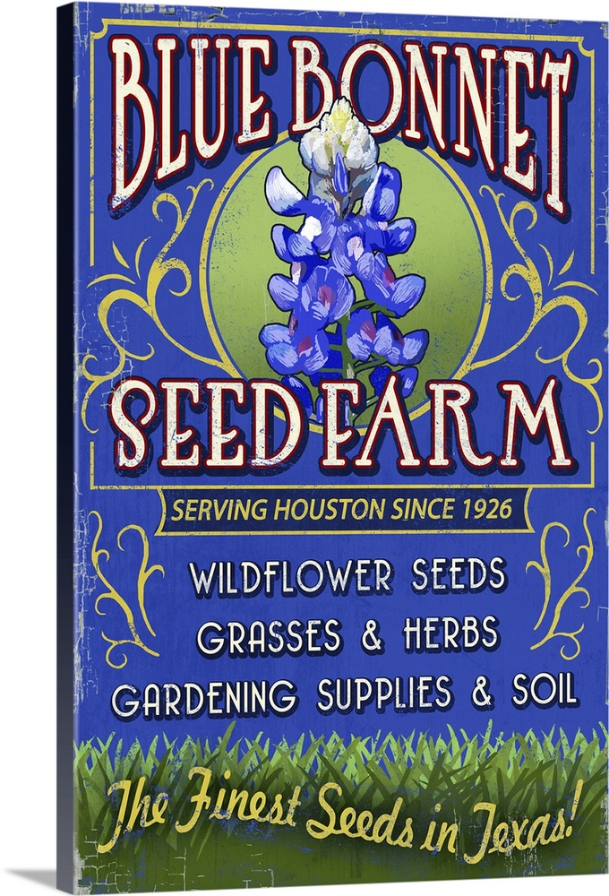 Retro stylized art poster of a vintage sign advertising a seed farm, with a blue bonnet flower in the image.