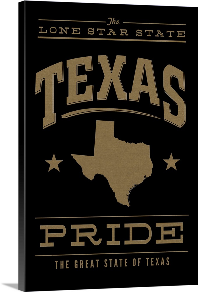 The Texas state outline on black with gold text.