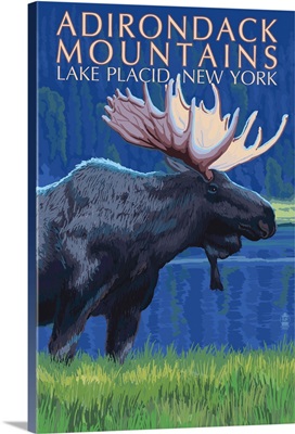 The Adirondacks - Lake Placid, New York State - Moose at Night: Retro Travel Poster