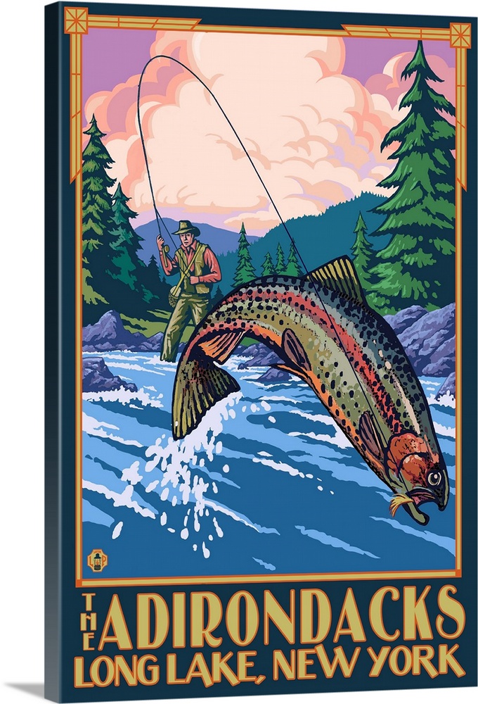 The Adirondacks - Long Lake, New York State - Fly Fishing: Retro Travel Poster