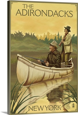 The Adirondacks, New York - Hunters in Canoe: Retro Travel Poster