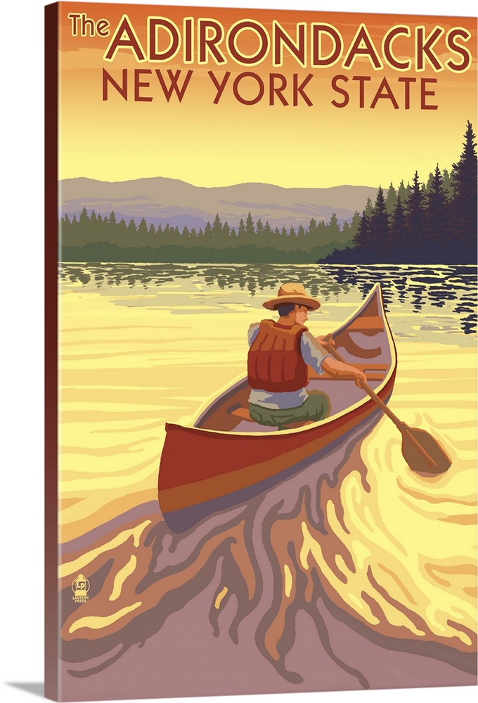 The Adirondacks, New York State - Canoe Scene: Retro Travel Poster