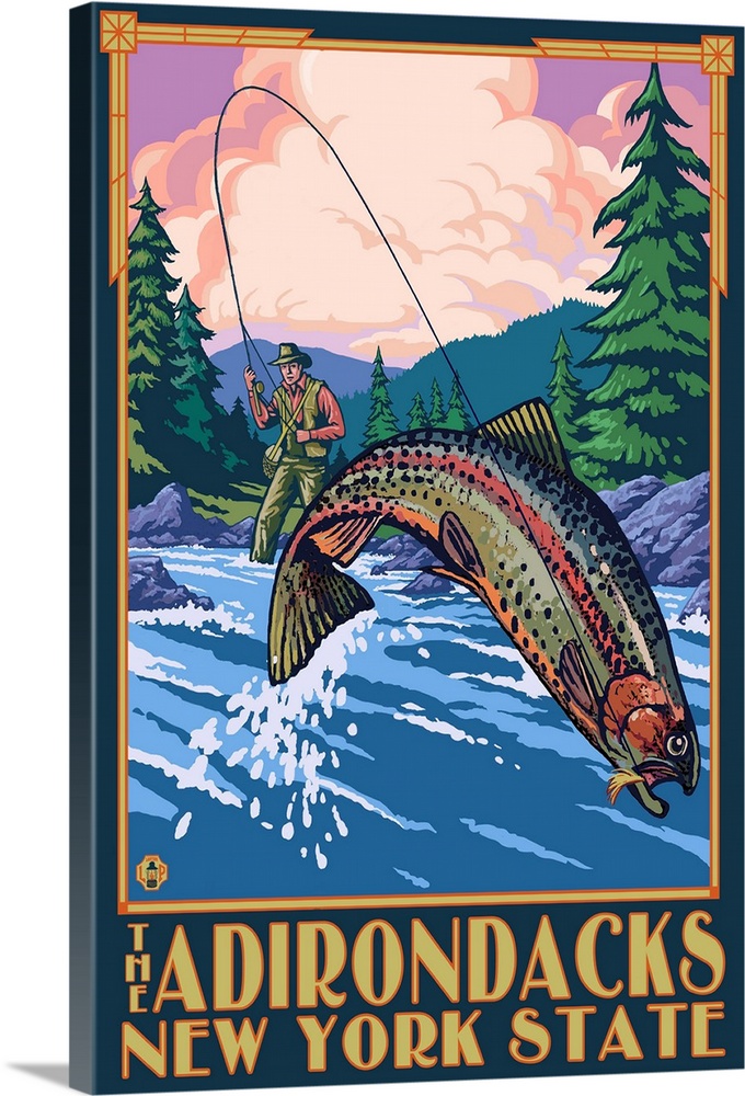The Adirondacks, New York State - Fly Fisherman: Retro Travel Poster
