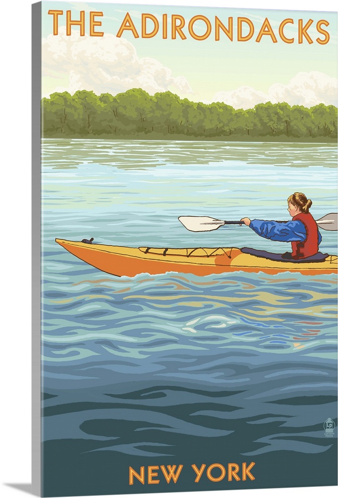 The Adirondacks, New York State - Kayak Scene: Retro Travel Poster