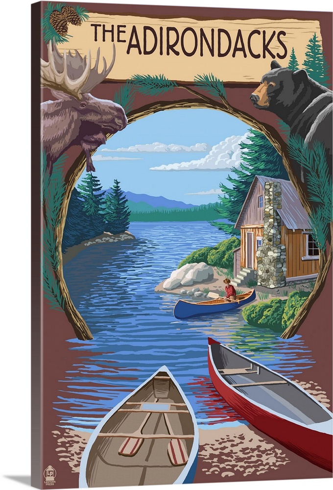 The Adirondacks, New York State - Lake Montage Scene: Retro Travel Poster