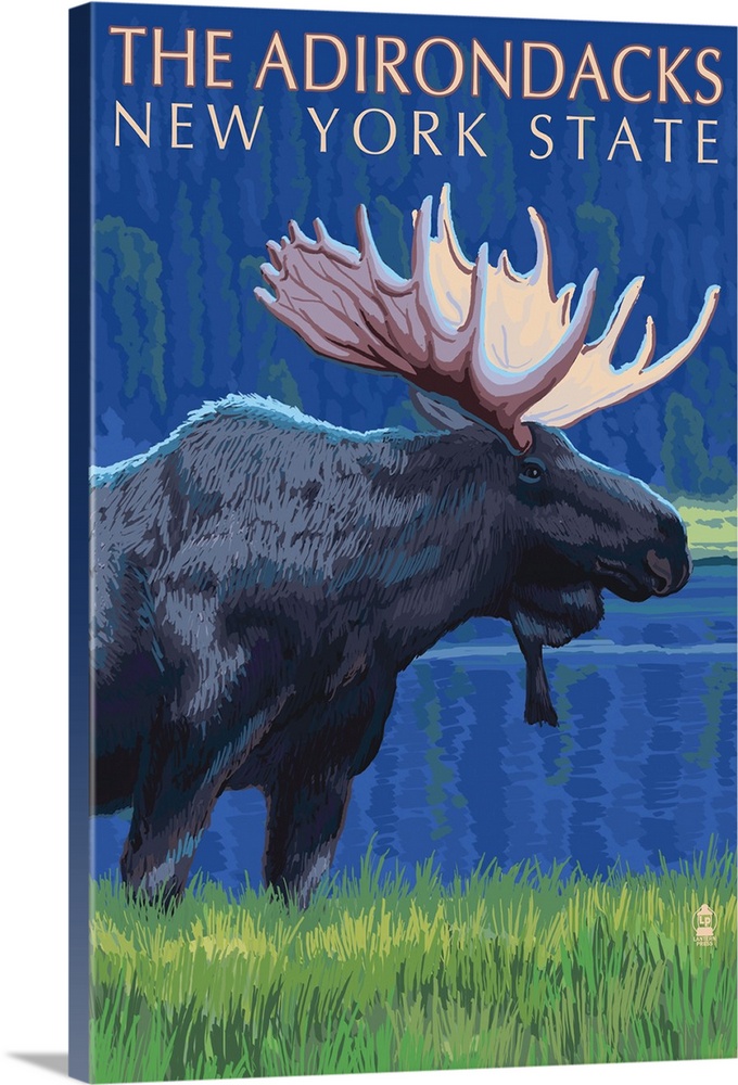 The Adirondacks, New York State - Moose at Night: Retro Travel Poster
