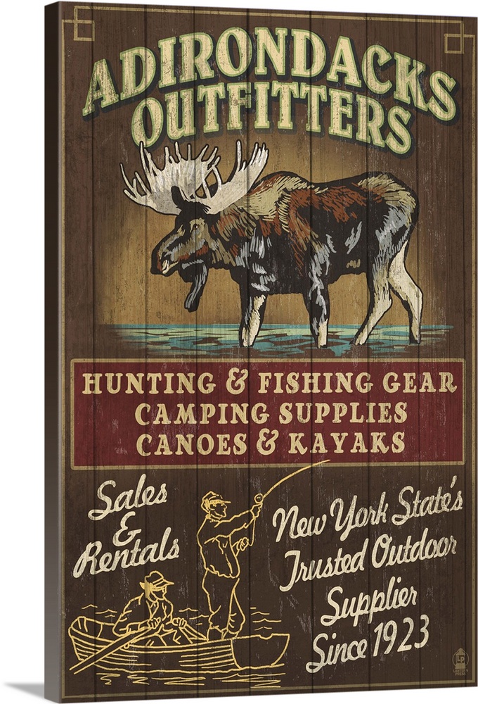 The Adirondacks, New York State - Outfitters Vintage Sign Moose: Retro Travel Poster