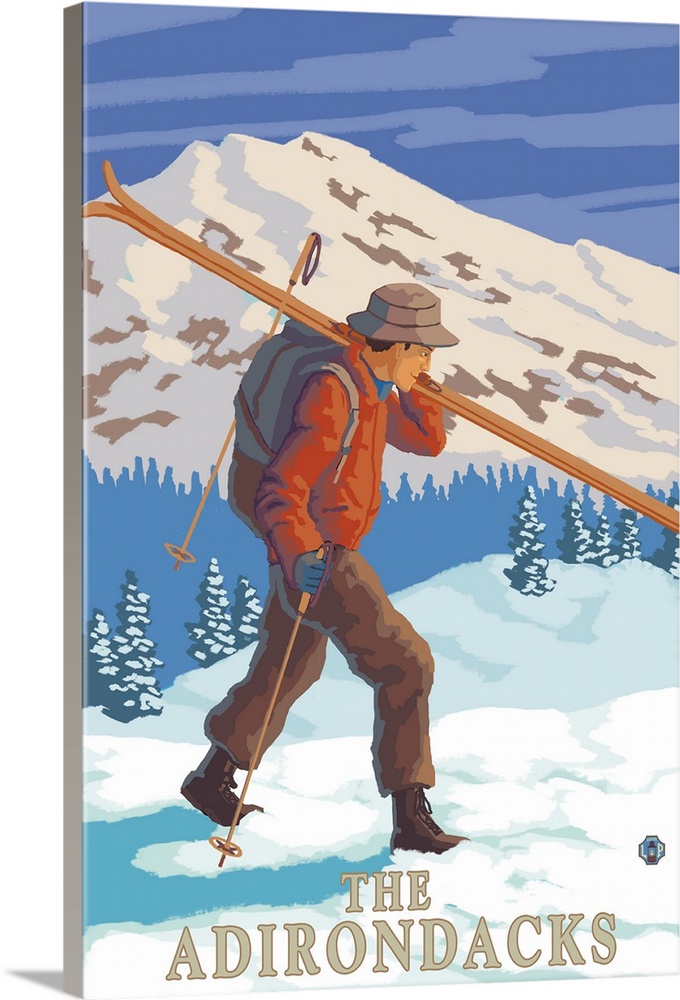 The Adirondacks, New York State - Skier Carrying Skis: Retro Travel Poster