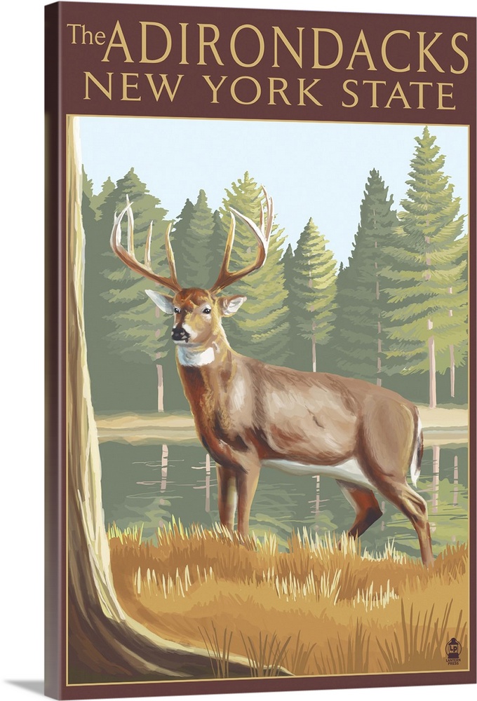 The Adirondacks, New York State - White Tailed Deer Buck: Retro Travel Poster