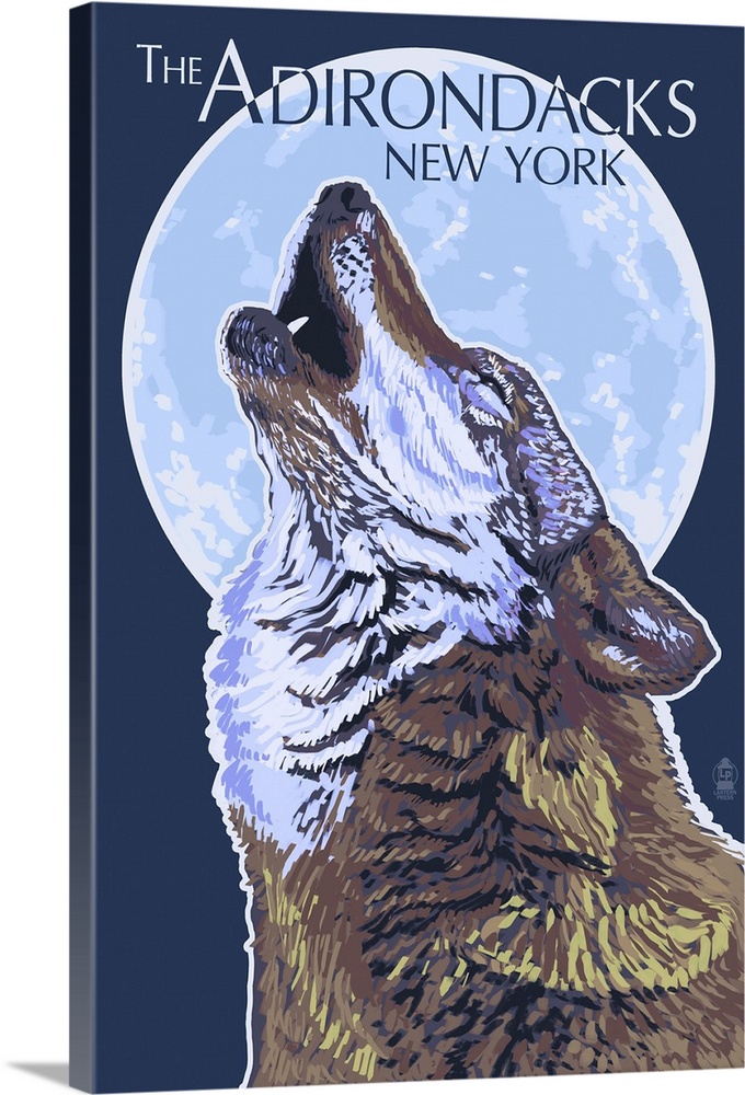 The Adirondacks, New York - Wolf Howling at Moon: Retro Travel Poster