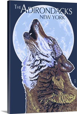 The Adirondacks, New York - Wolf Howling at Moon: Retro Travel Poster