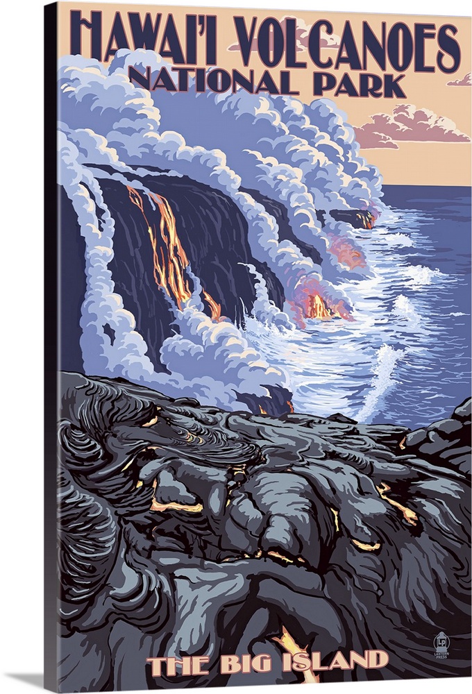 Retro stylized art poster of lava flow from a volcano spilling into the ocean.