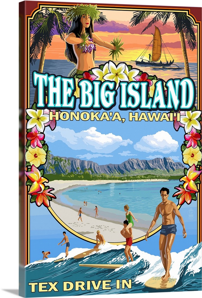 The Big Island - Honoka'a, Hawaii - Montage: Retro Travel Poster